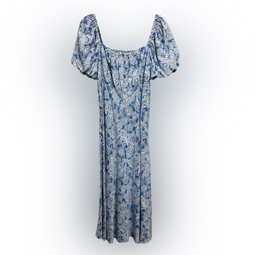 Boden Blue Maxi Dress with Puff Sleeves and Scoop Neck